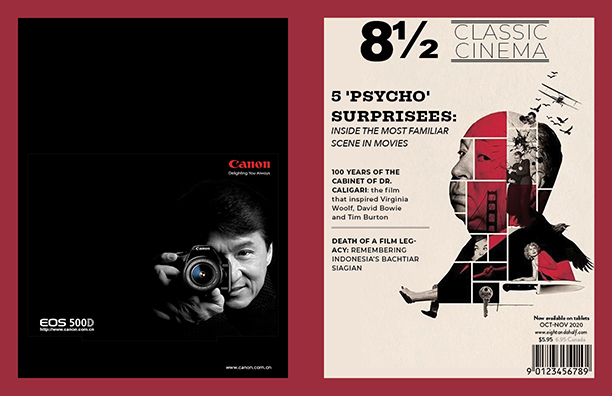 Magazine cover and back cover about cinema and Hitchcock